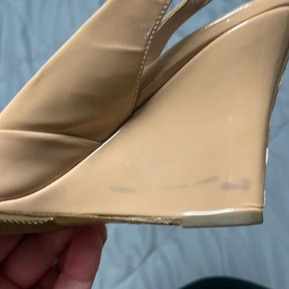 Miu Miu Wedge Patent Leather Pink Nude Sling Back Heel Flawed Size 4